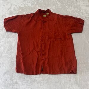 Izod Men's Silk and Linen Short Sleeve Button Up Casual Shirt L Orange Washable‎